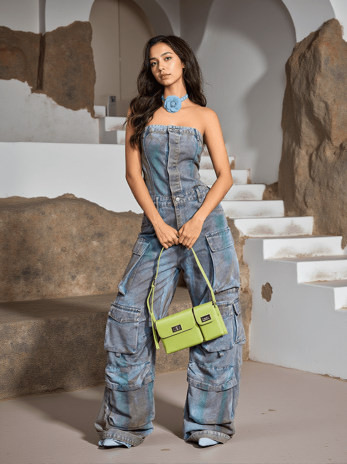 EDEN STRAPLESS POCKET DENIM JUMPSUIT IN GREEN