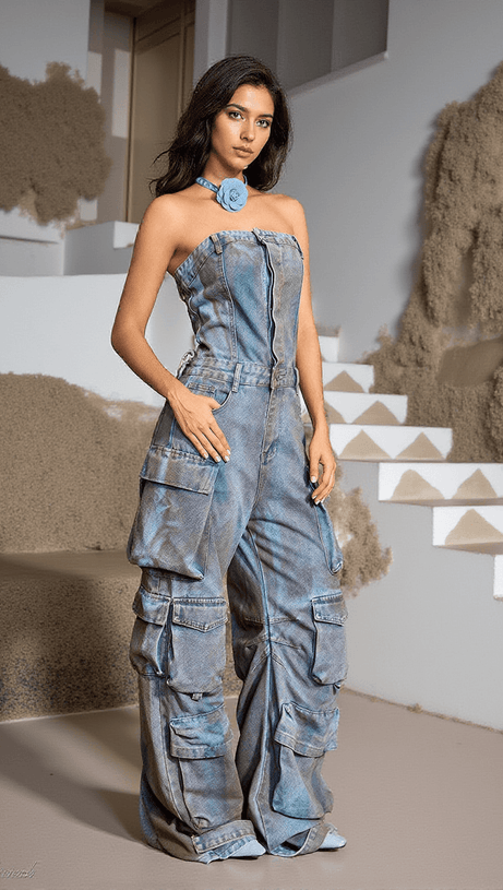 EDEN STRAPLESS POCKET DENIM JUMPSUIT IN GREEN