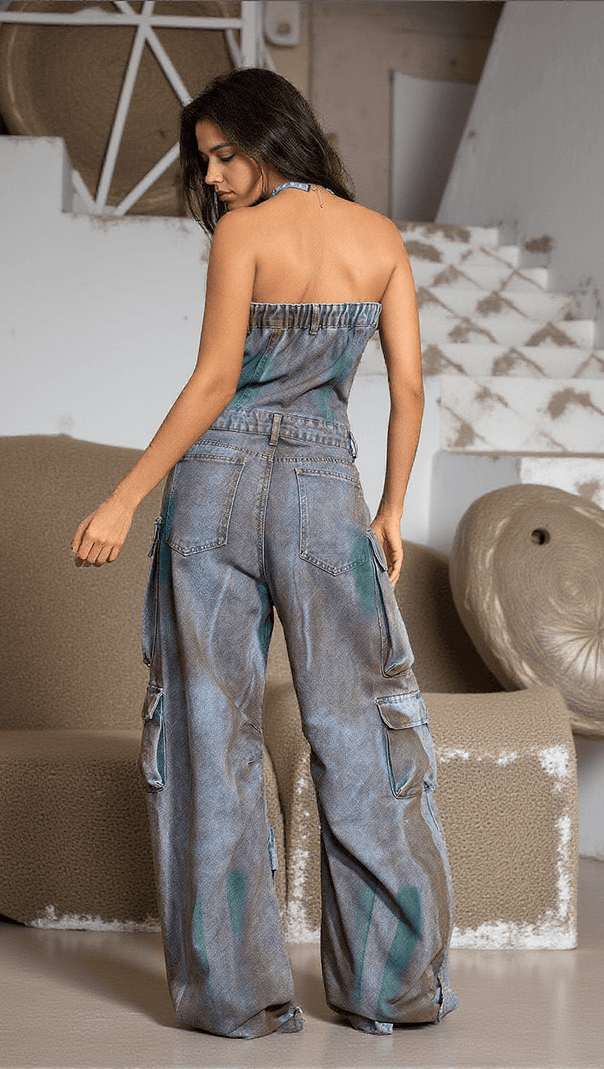 AIIZIE EDEN STRAPLESS POCKET DENIM JUMPSUIT IN GREEN - product image