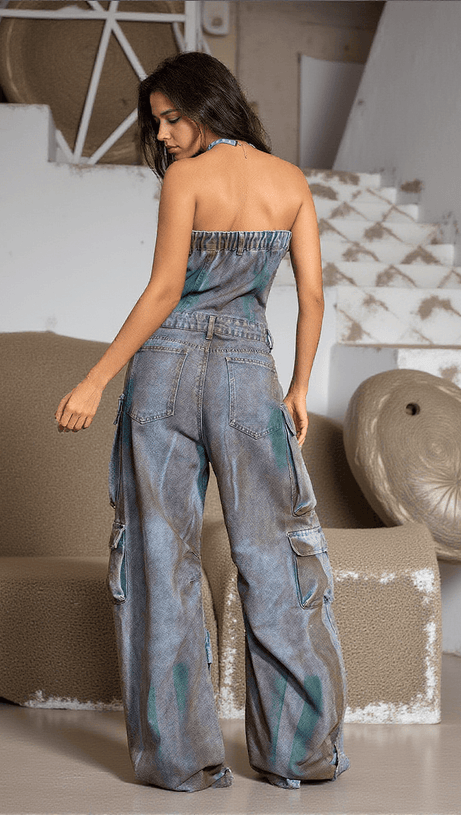 EDEN STRAPLESS POCKET DENIM JUMPSUIT IN GREEN