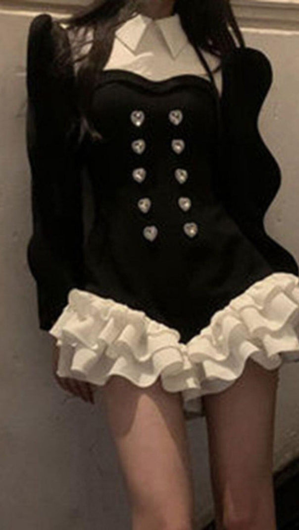 AIIZIE DIAMOND SPLICED COLOR LAPEL TEMPERAMENT RUFFLES DRESS - product image