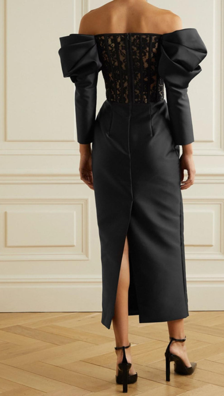 STRAPLESS LACE MIDI DRESS