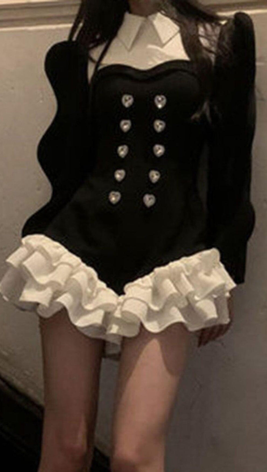 DIAMOND SPLICED COLOR LAPEL TEMPERAMENT RUFFLES  DRESS