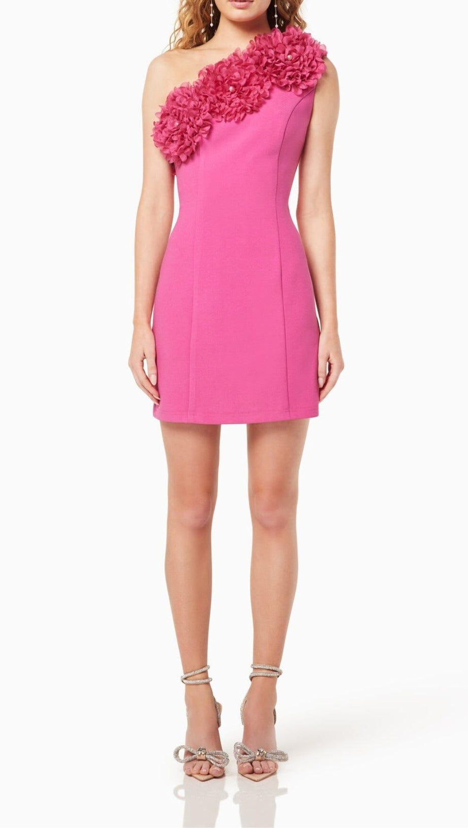 DIAGONAL COLLAR 3D FLOWER ROSE RED ONE SHOULDER MINI DRESS