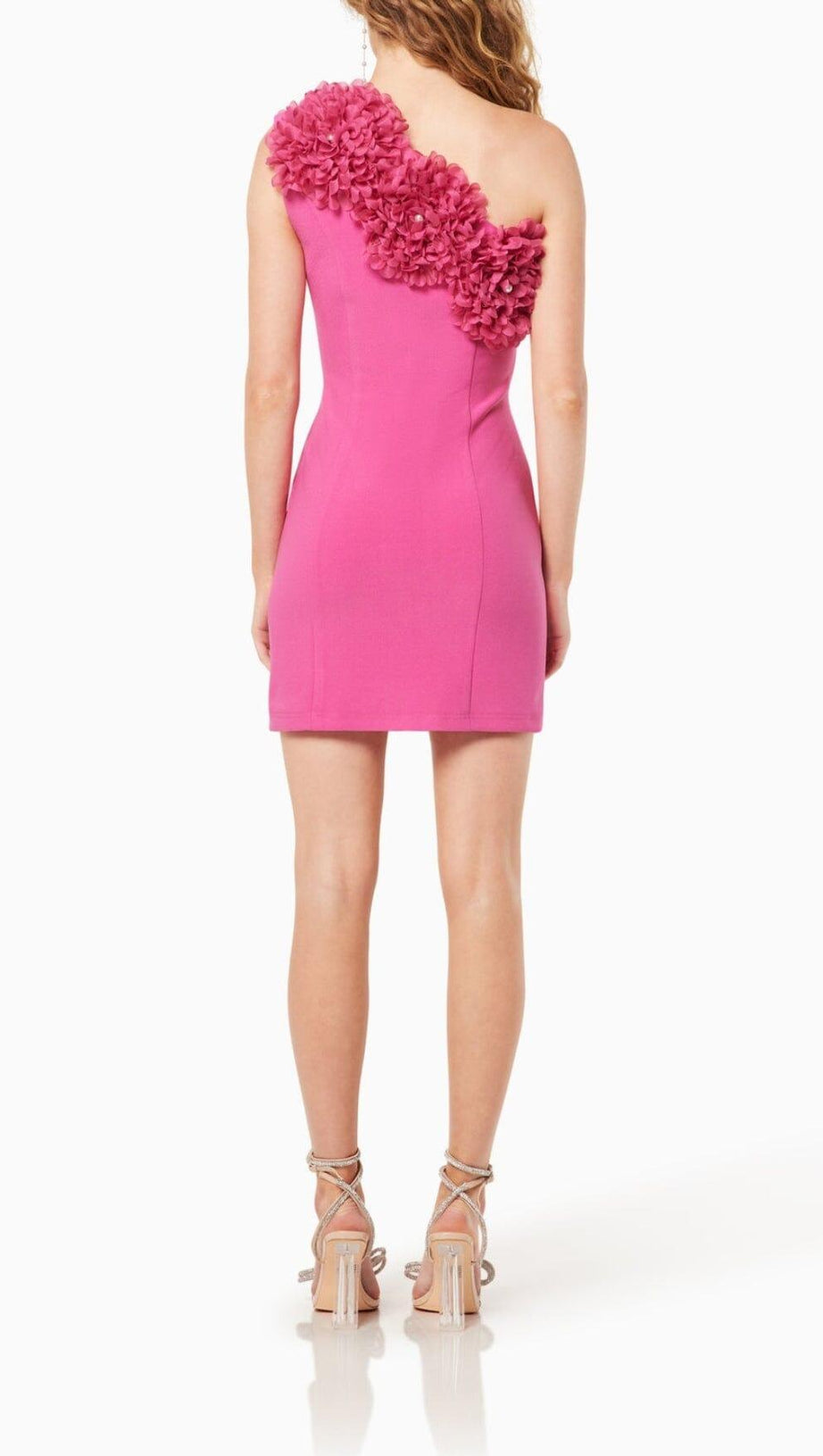 DIAGONAL COLLAR 3D FLOWER ROSE RED ONE SHOULDER MINI DRESS