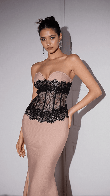 ASTEN LACE PATCHWORK BANDAGE MAXI DRESS