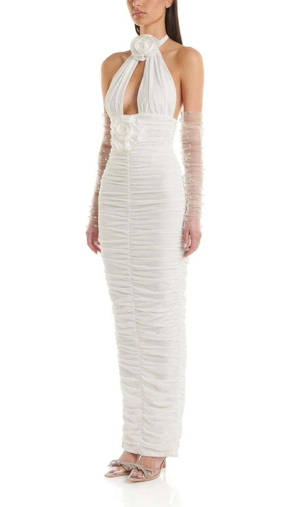 WHITE 3D FLORAL CIRCLE NECK BANDAGE MAXI DRESS