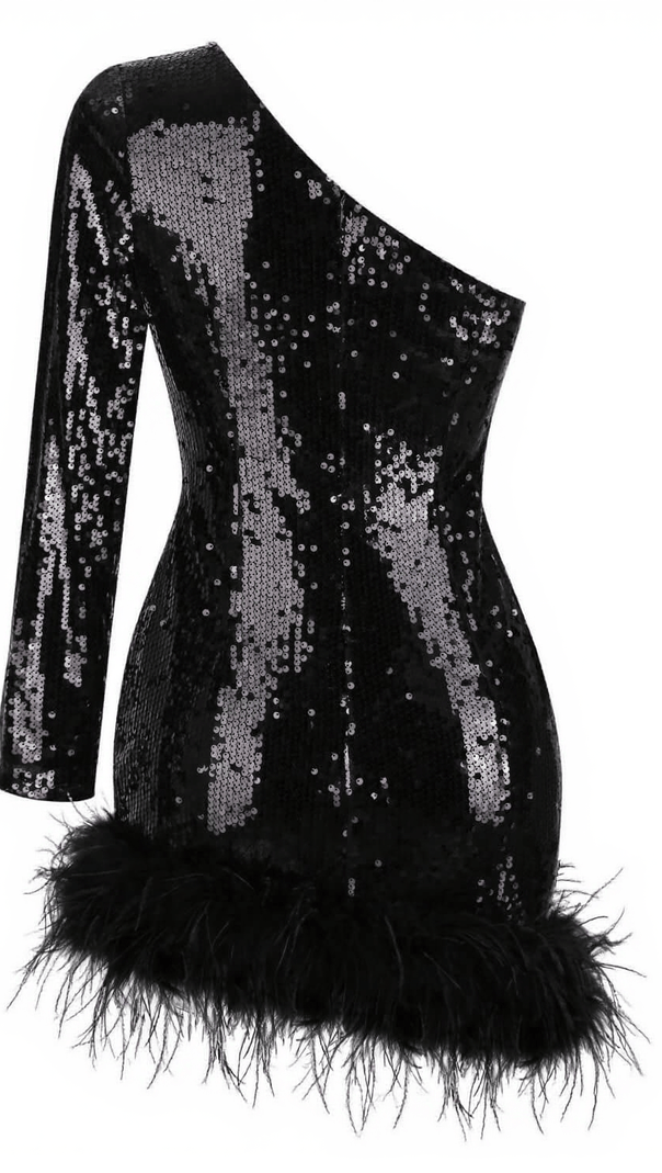 AIIZIE ROMY ONE SHOULDER SEQUIN FEATHER MINI DRESS - product image