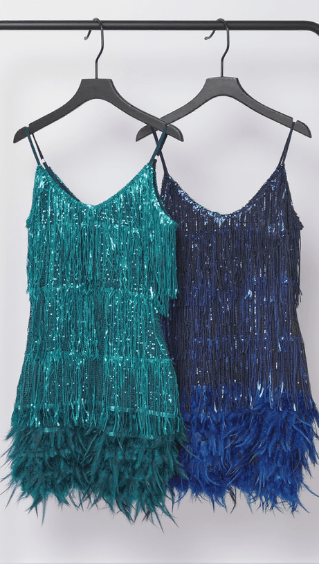 AUSTYN TASSEL FEATHER MINI DRESS IN EMERALD