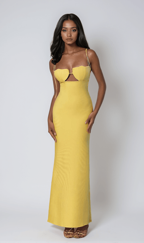 Gwyn – Gelbes Maxi-Bandage-Kleid mit Muschelausschnitt