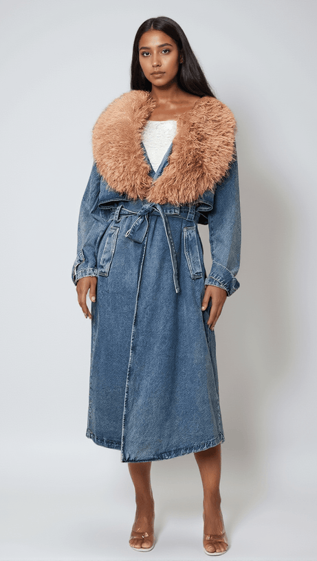 Ishtar Jeansmantel mit Kunstpelzkragen