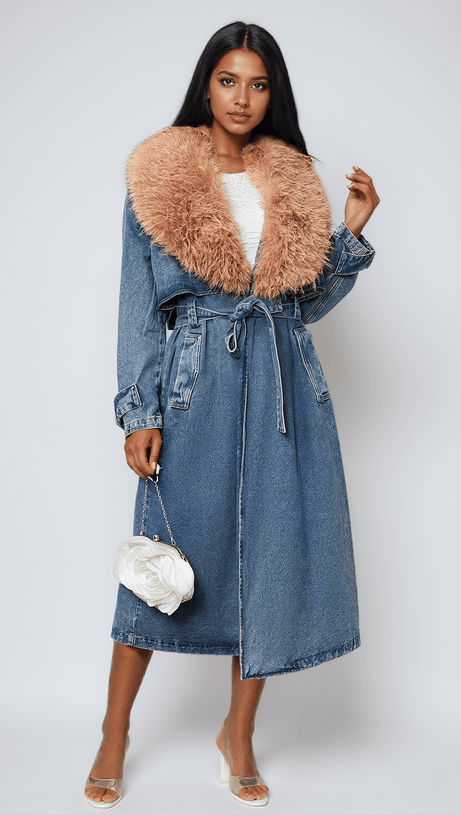 Ishtar Jeansmantel mit Kunstpelzkragen
