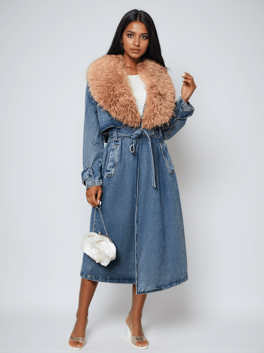 Ishtar Jeansmantel mit Kunstpelzkragen