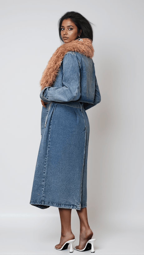 Ishtar Jeansmantel mit Kunstpelzkragen