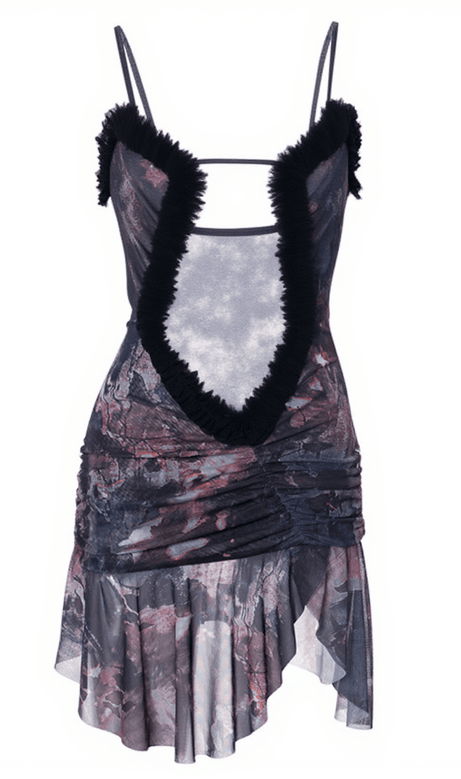 Olivier – Gerafftes Patchwork-Netzkleid in Grau