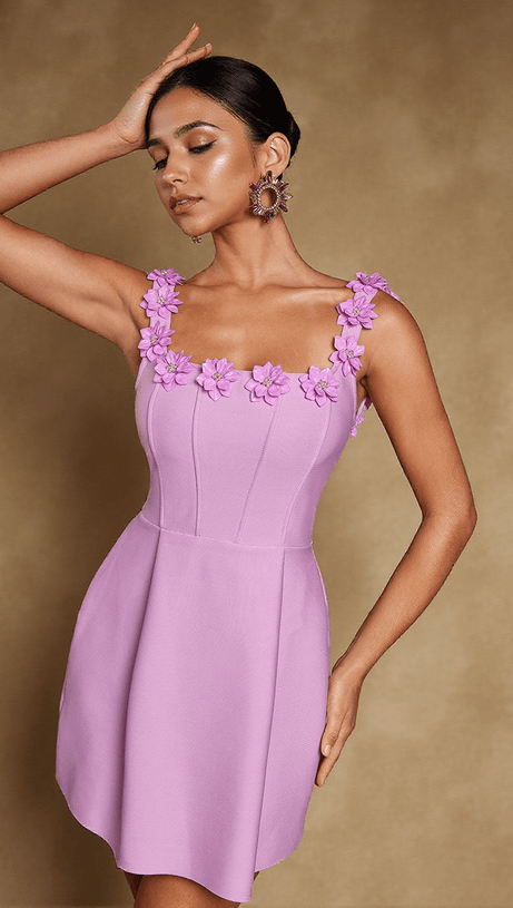 URIAH MINI ABITO CON BENDAGGIO A FIORI E COLLETTO QUADRATO