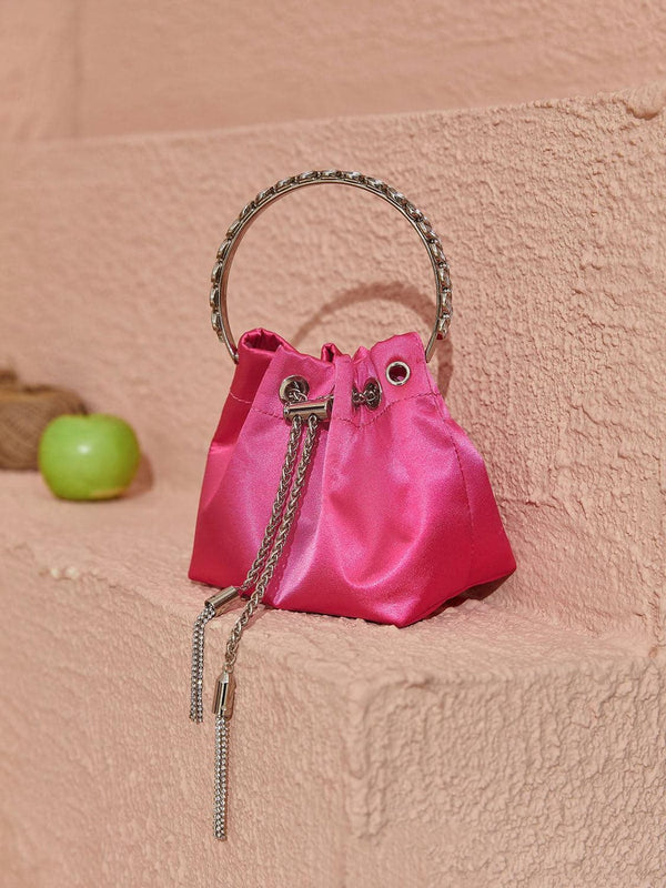 Mattea Satin Crystal Embellished Bucket Bag In Hot Pink