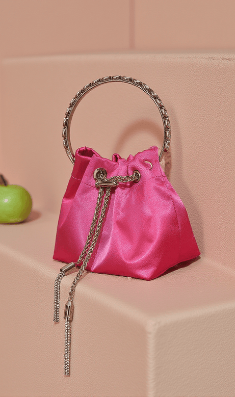 Mattea Satin Crystal Embellished Bucket Bag In Hot Pink