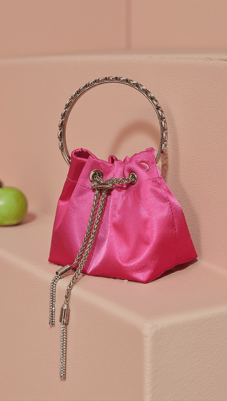 MATTEA SATIN CRYSTAL EMBELLISHED BUCKET BAG IN HOT PINK