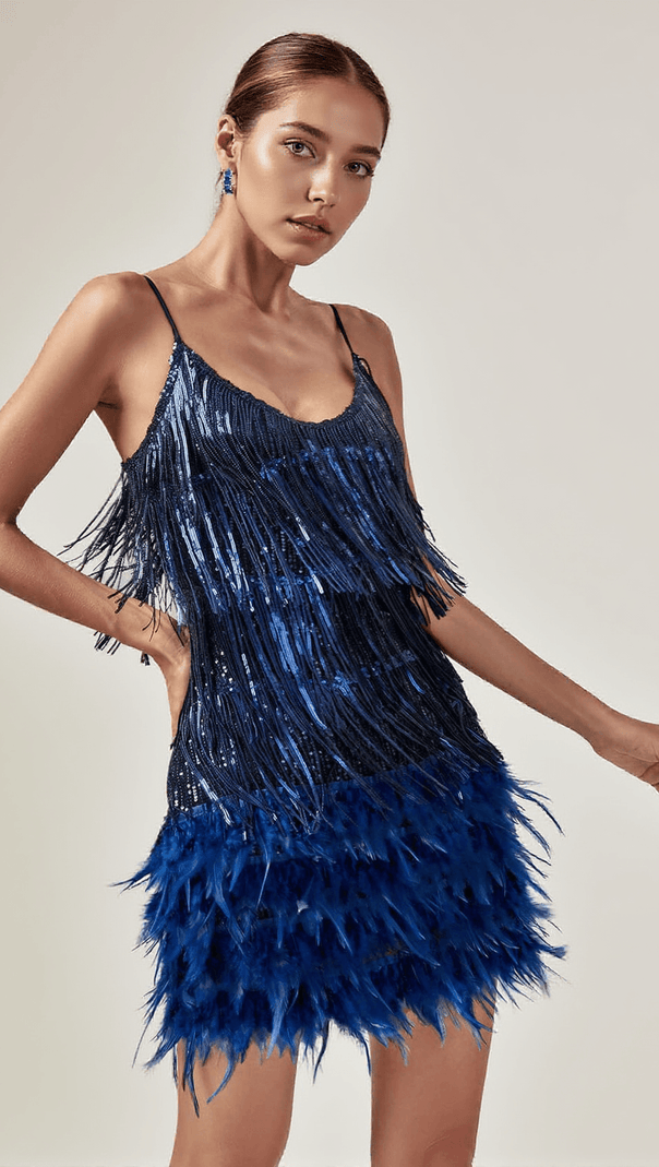 AIIZIE AUSTYN TASSEL FEATHER MINI DRESS IN ROYAL BLUE - product image