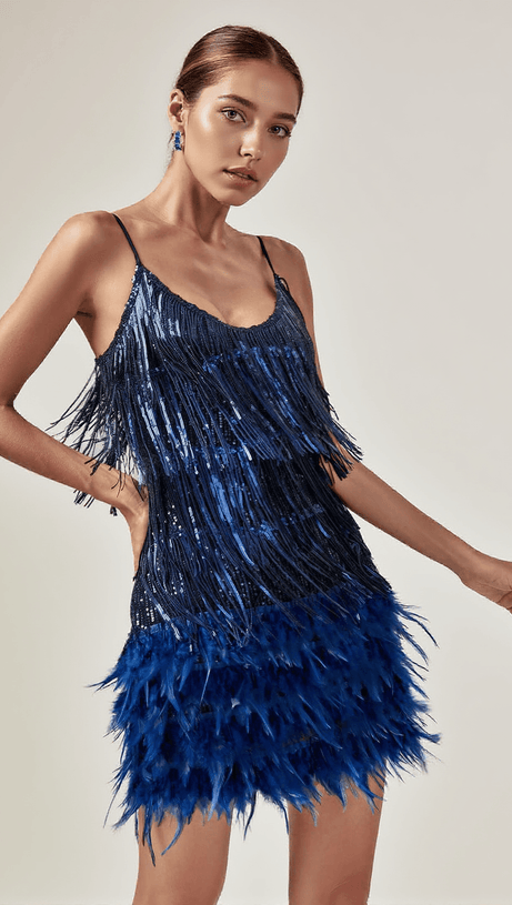 Austyn – Minikleid mit Quasten und Federn in Königsblau