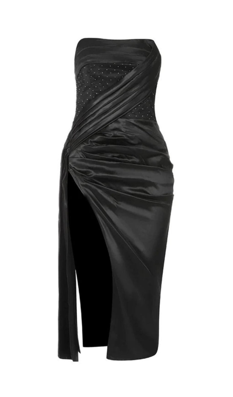 STRAPLESS MIDI DRESS IN BLACK