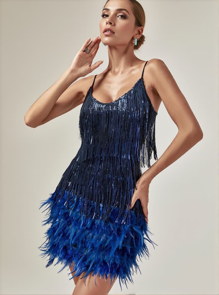 Austyn Tassel Feather Mini Dress In Royal Blue