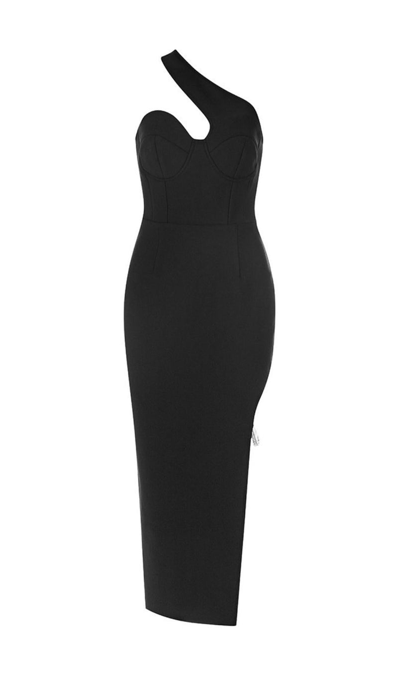 ONE SHOULDER MIDI DRESS IN BLACK