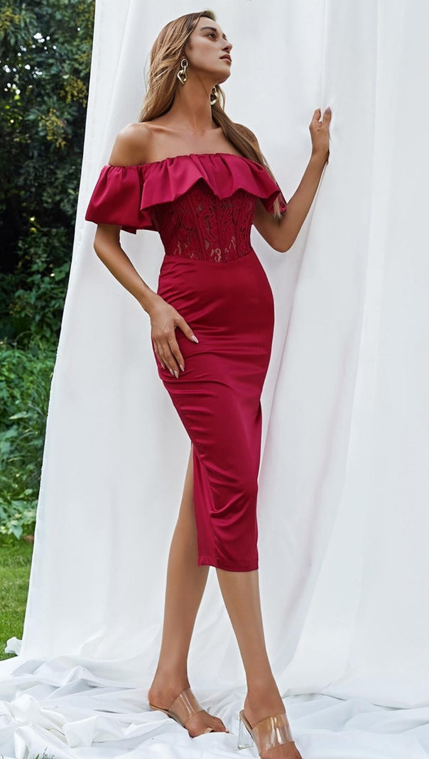 AIIZIE OFF SHOULDER LACE MIDI DRESS - product image