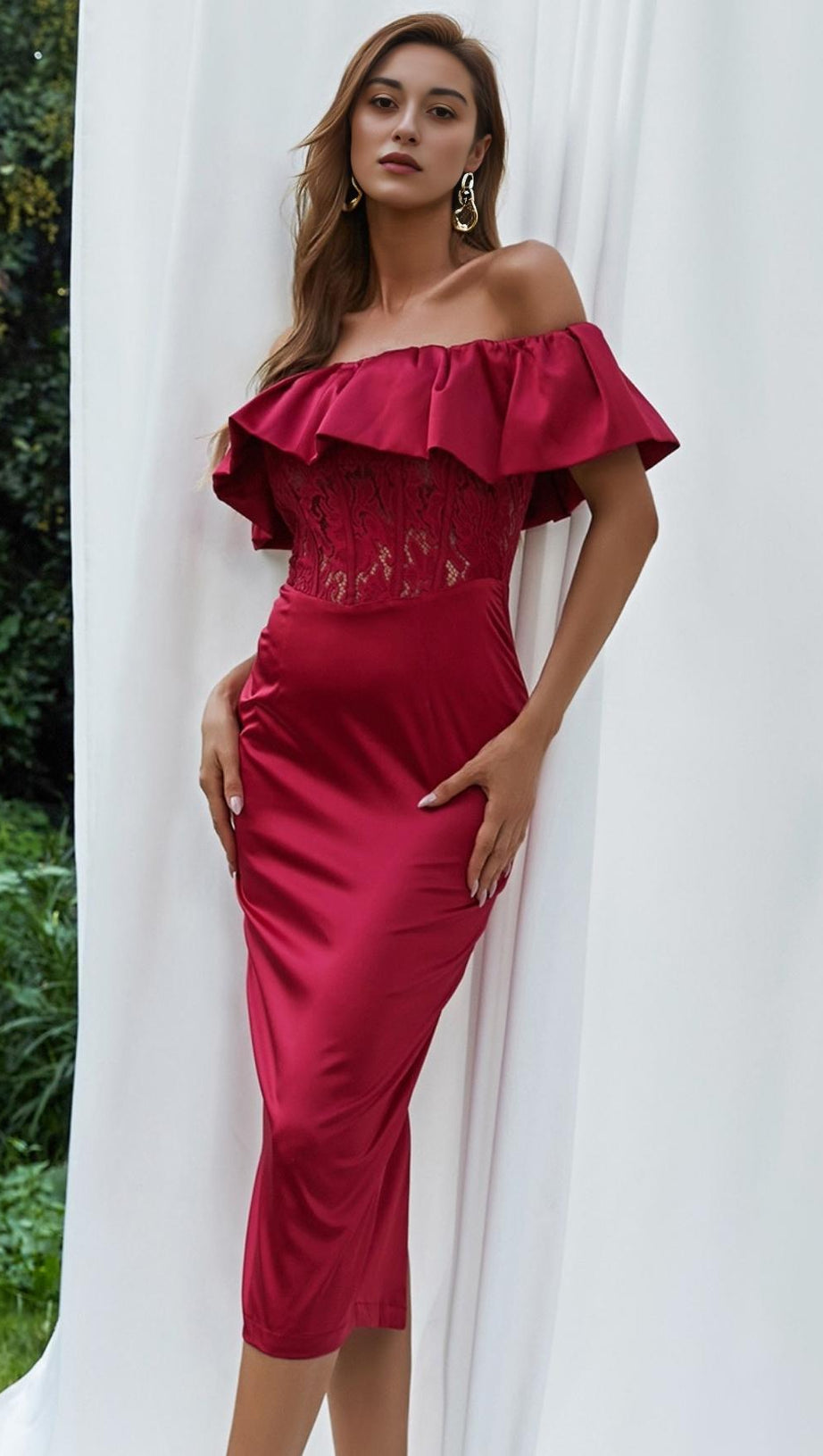 OFF SHOULDER LACE MIDI DRESS