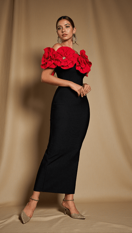 ABITO CREED CON SPALLE SCOPERTE E FIORI, ROSSO