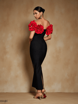 Creed Off Shoulder Flower Bandage Dress In Red