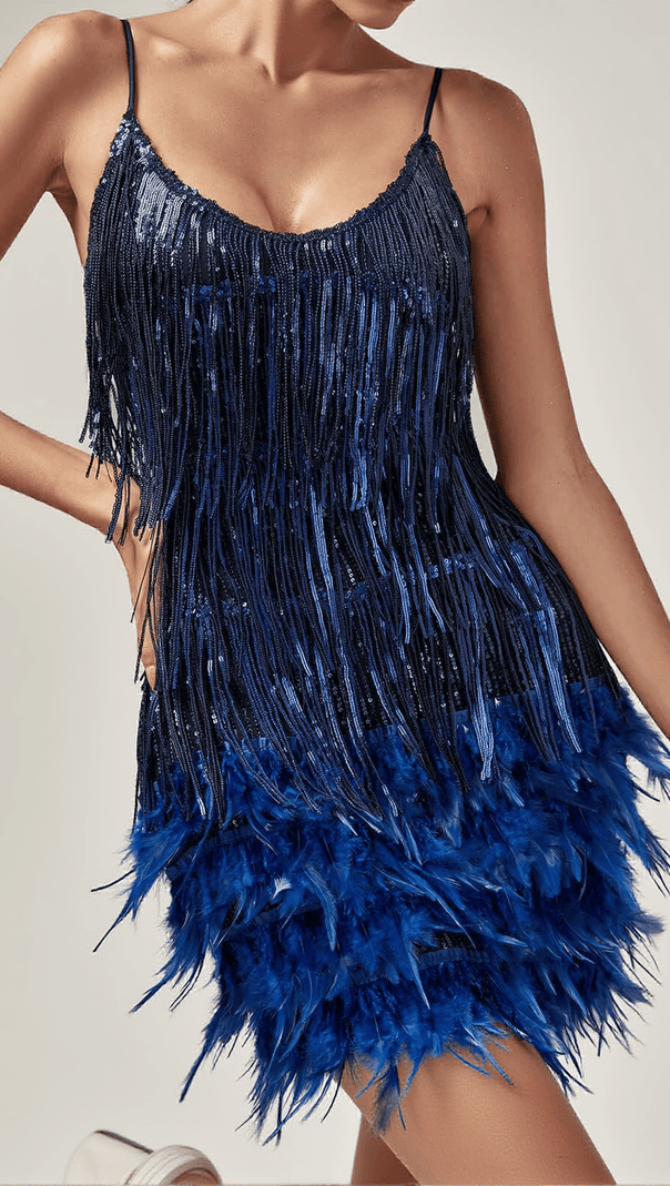 AIIZIE AUSTYN TASSEL FEATHER MINI DRESS IN ROYAL BLUE - product image