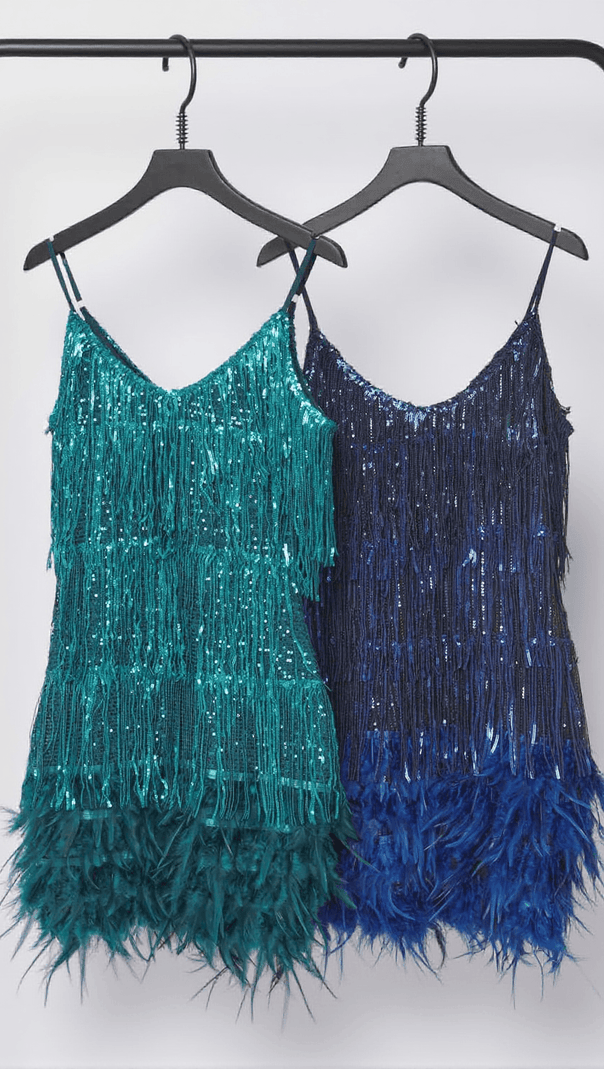 AIIZIE AUSTYN TASSEL FEATHER MINI DRESS IN ROYAL BLUE - product image