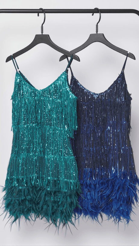 Austyn – Minikleid mit Quasten und Federn in Königsblau