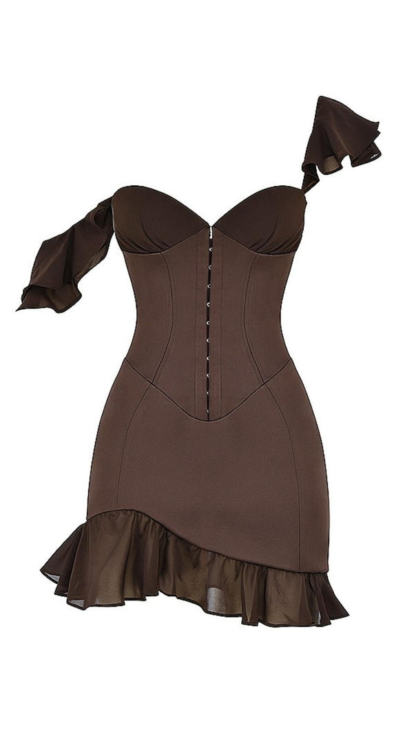 AIIZIE RUFFLE CORSET MINI DRESS IN CHOCOLATE - product image