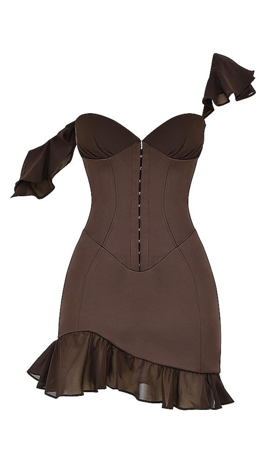 MINI ABITO CON CORSETTO A VOLANT IN CIOCCOLATO