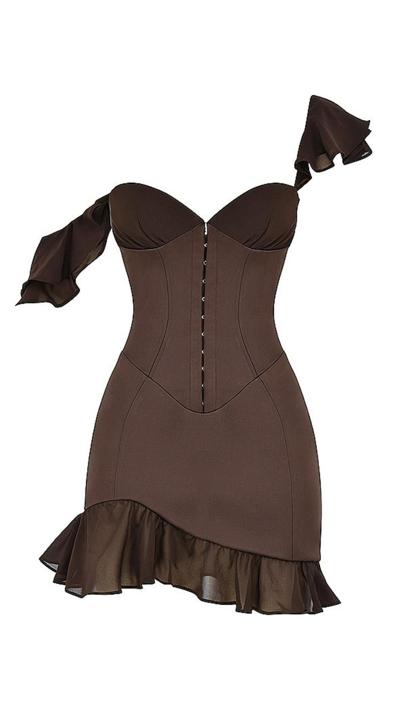 RUFFLE CORSET MINI DRESS IN CHOCOLATE