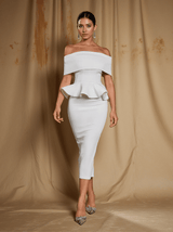 Augustus Off Shoulder Flounce Midi Dress In White