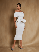 Augustus Off Shoulder Flounce Midi Dress In White