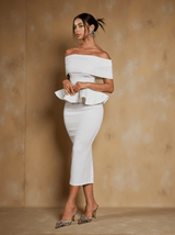 Augustus Off Shoulder Flounce Midi Dress In White