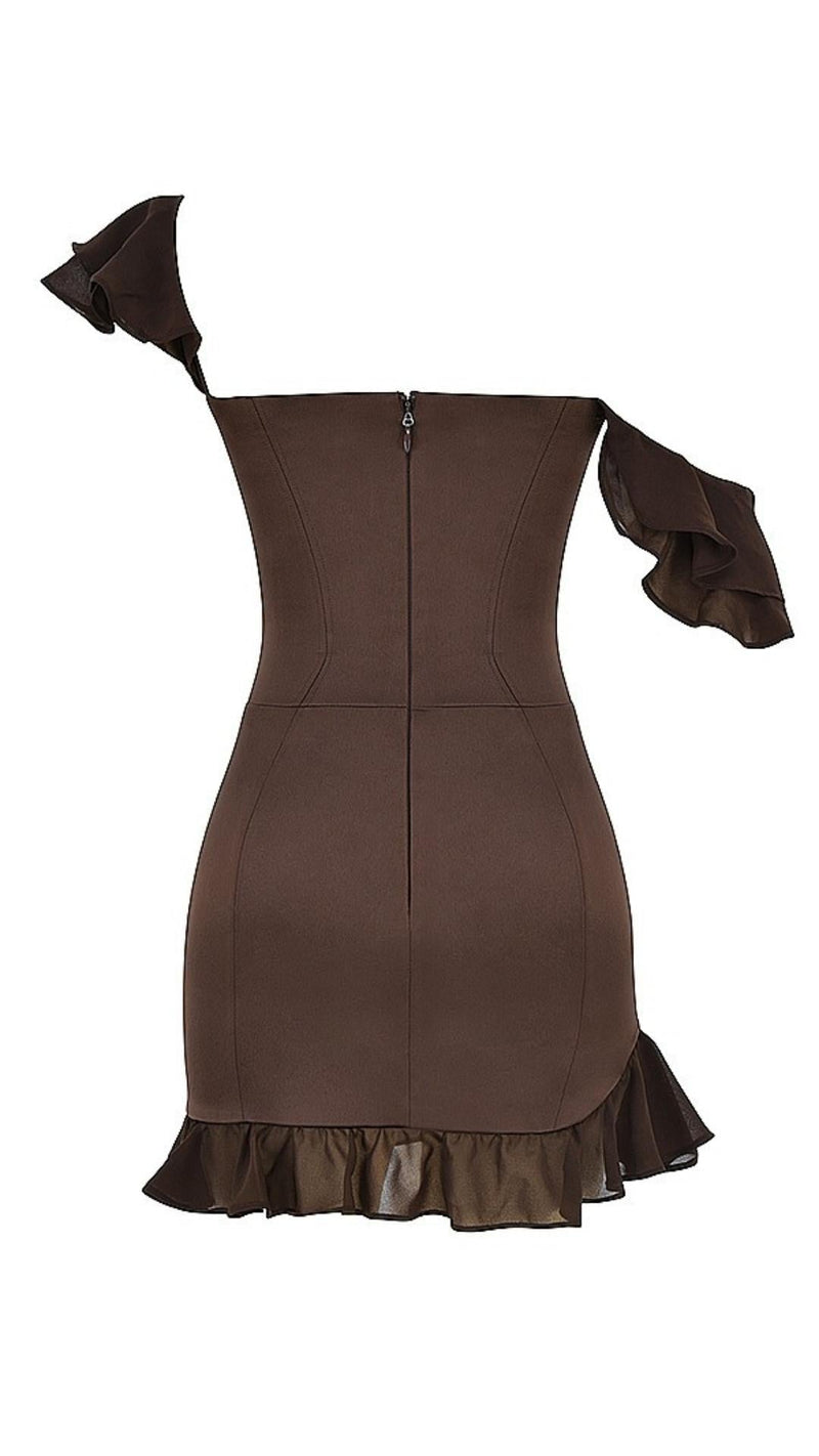 RUFFLE CORSET MINI DRESS IN CHOCOLATE