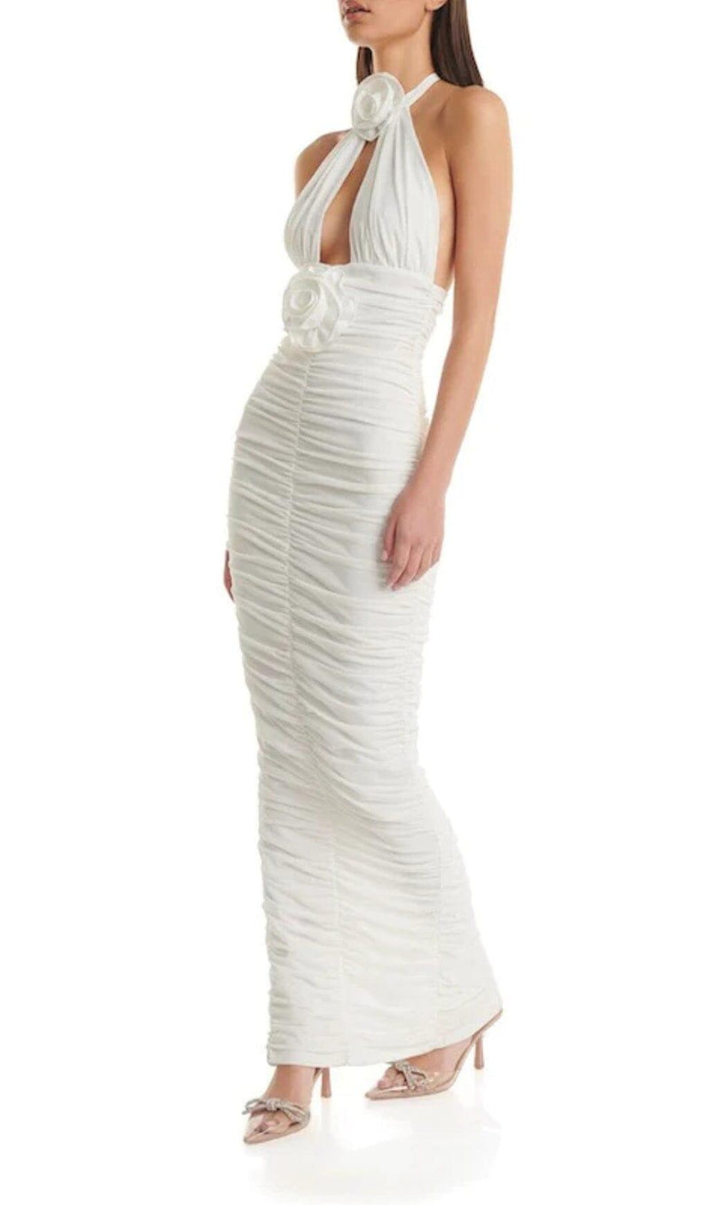 WHITE 3D FLORAL CIRCLE NECK BANDAGE MAXI DRESS