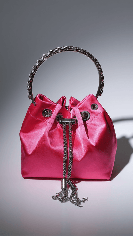 MATTEA SATIN CRYSTAL EMBELLISHED BUCKET BAG IN HOT PINK