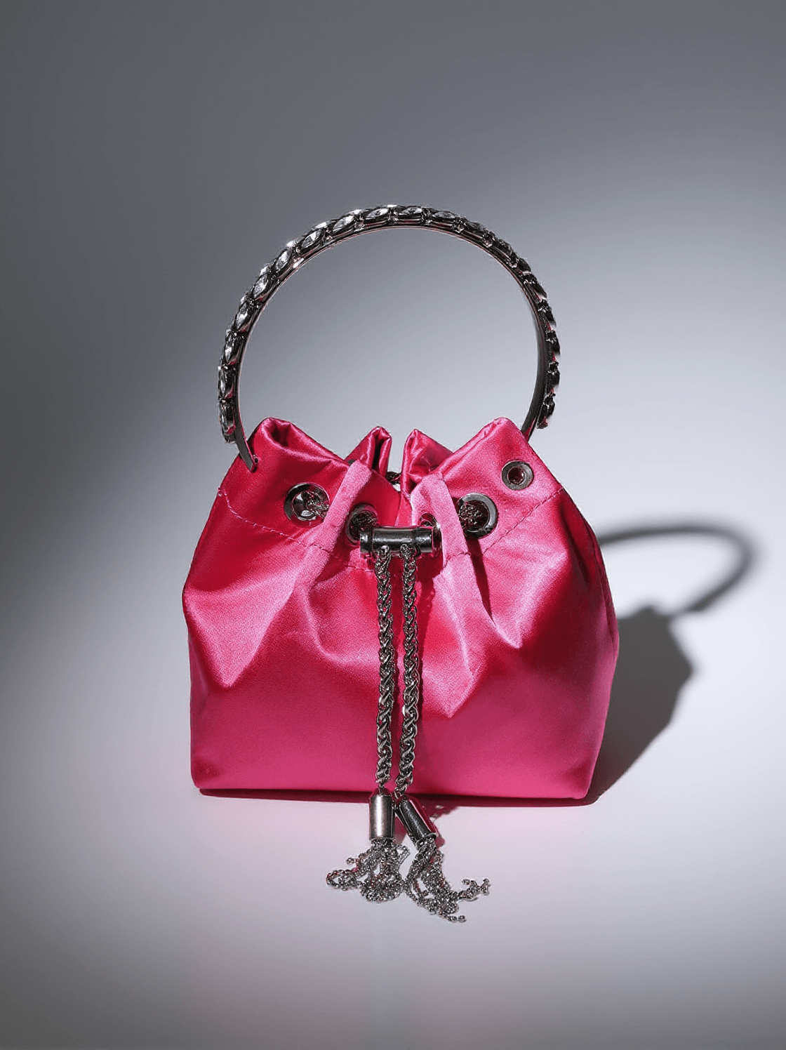 MATTEA SATIN CRYSTAL EMBELLISHED BUCKET BAG IN HOT PINK