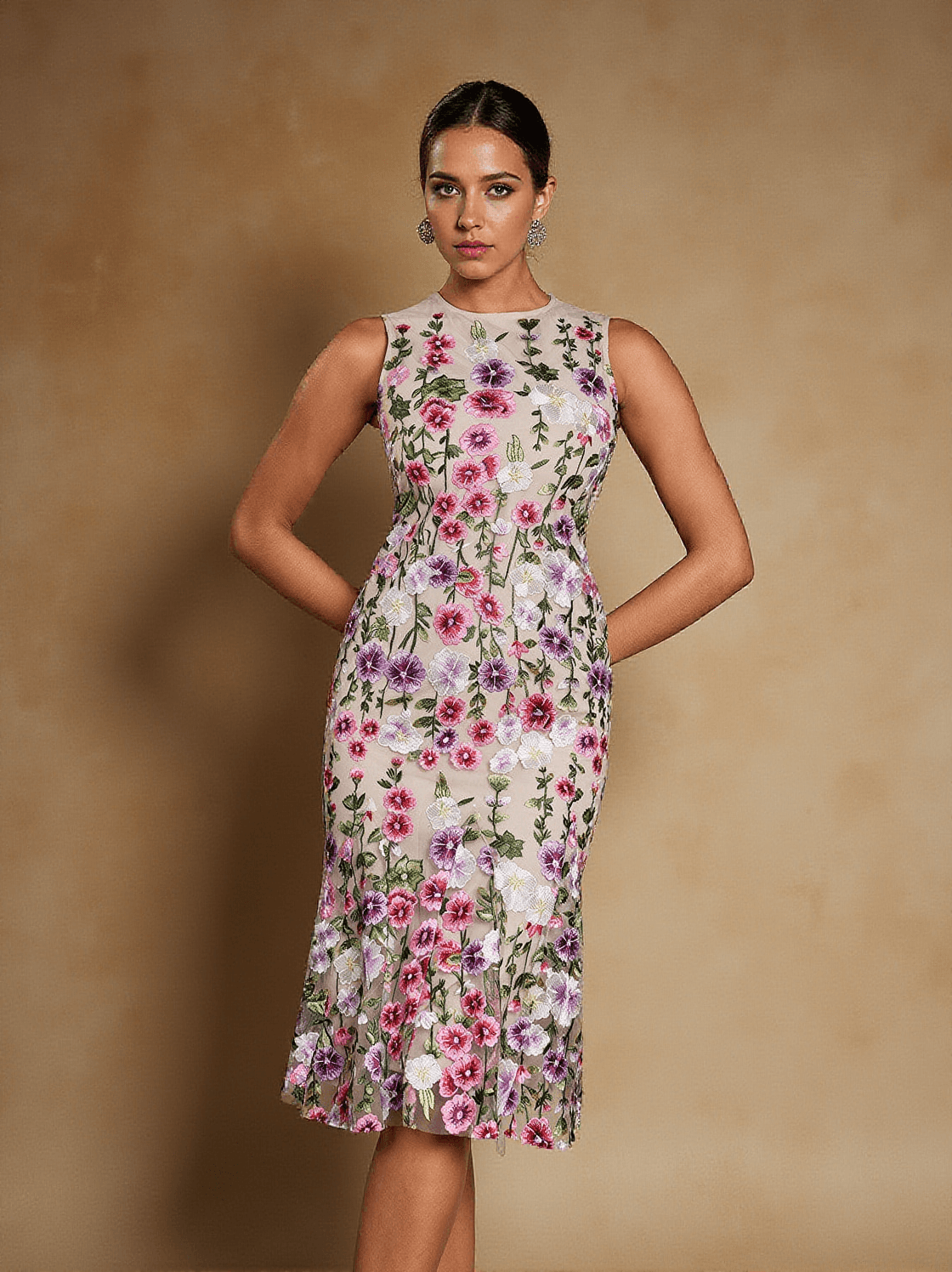 NAEL SLEEVELESS FLOWER EMBROIDERED MIDI DRESS