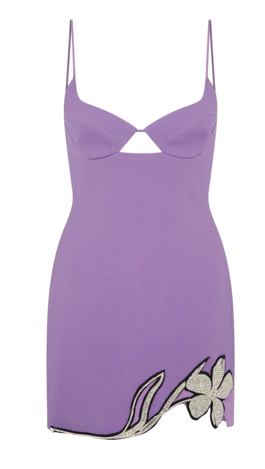 CRYSTAL FLOWER MINI DRESS IN PURPLE