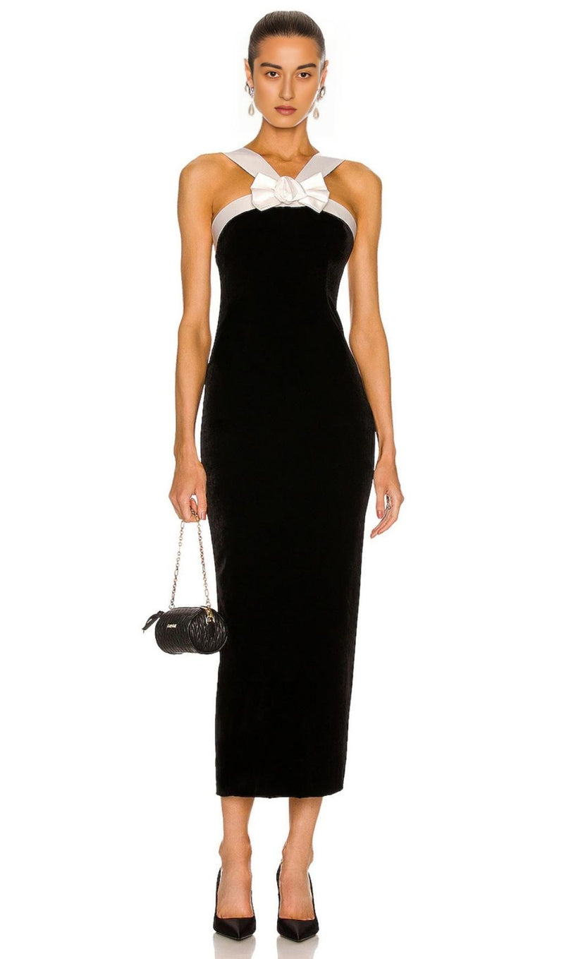 SLEEVELESS EVENING MIDI DRESS IN BLACK & WHITE