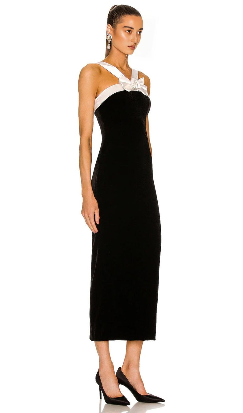 SLEEVELESS EVENING MIDI DRESS IN BLACK & WHITE