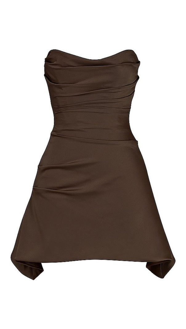 AIIZIE SATIN FISHBONE PLEATED STRAPLESS MINI DRESS IN BROWN - product image